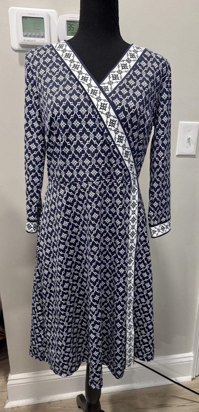 Talbots Knit Jersey Faux-Wrap Performance Dress Navy Blue White Geo Print Small